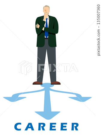 Illustration of a Caucasian male businessman standing at a crossroads in his career and considering the choice of changing jobs 135007360