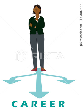 Illustration of a black female businesswoman at a career crossroads considering the choice of changing jobs Illustration of a black female businesswoman at a career crossroads considering the choice of changing jobs 135007366