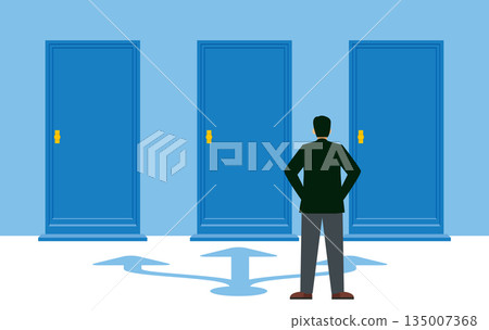 Business career choices from three doors and decisions for the future - back view of a man Business career choices from three doors and decisions for the future - back view of a man 135007368