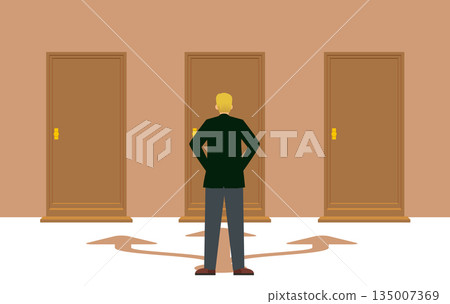 Business career choices from three doors and decisions for the future - Back view of a Caucasian man Business career choices from three doors and decisions for the future - Back view of a Caucasian man 135007369