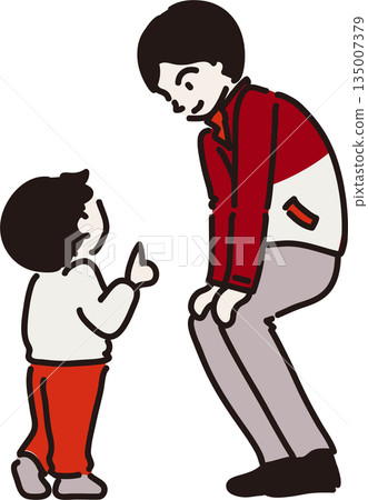 Illustration of a worker in a red uniform listening to a child's story 135007379