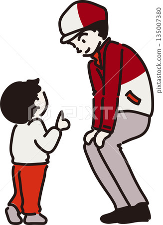 Illustration of a worker wearing a hat and red uniform listening to a child's story Illustration of a worker wearing a hat and red uniform listening to a child's story 135007380