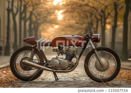 Vintage Cafe Racer Motorcycle in Autumnal Setting 135007556