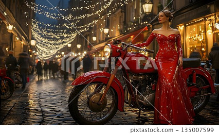 Elegant Woman in Red Gown Beside Classic Red Motorcycle on Cobbl 135007599