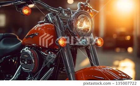 Close-up View of a Vibrant Orange Motorcycle's Front End 135007722