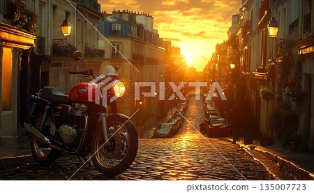 Red Motorcycle Parked on Cobblestone Street at Sunset in Paris 135007723