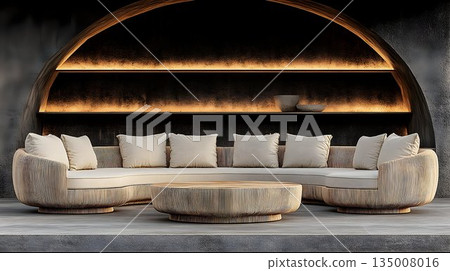Modern Curved Sofa and Coffee Table Set in a Darkly Lit Archway 135008016