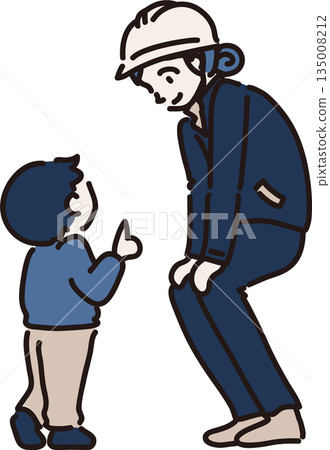 Illustration of a female worker wearing a helmet and navy uniform listening to a child's story Illustration of a female worker wearing a helmet and navy uniform listening to a child's story 135008212