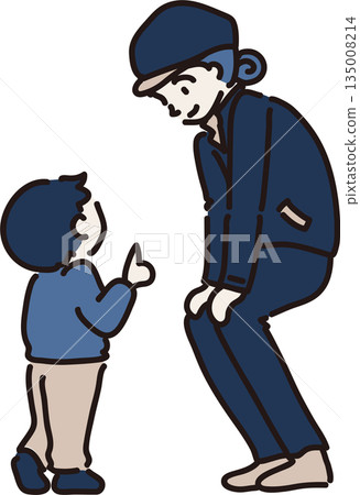 Illustration of a female worker wearing a hat and navy uniform listening to a child's story 135008214