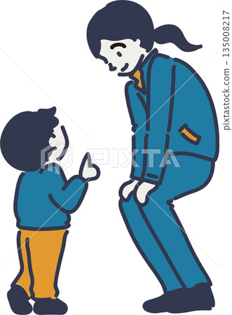 Illustration of a female worker in a blue uniform listening to a child's story 135008217