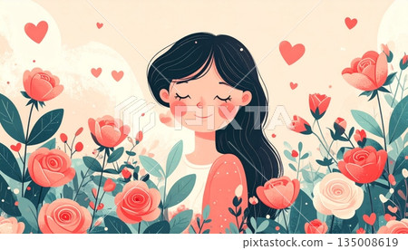 A romantic vector illustration of a cute cartoon child in a pink dress holding heart balloons and a rose flower for a beautiful Valentine's Day design 135008619