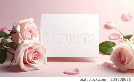 A beautiful bouquet of red roses and a blank paper gift card on a floral background for a romantic Valentine's Day or anniversary celebration 135008656