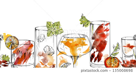 Fiery Bloody Mary, Old-fashioned cocktail seamless border with watercolor splash, ink lines. Bourbon whisky rum cognac spirits, tomato juice, iced tea hand drawn for mixology themes, menu decoration. 135008698