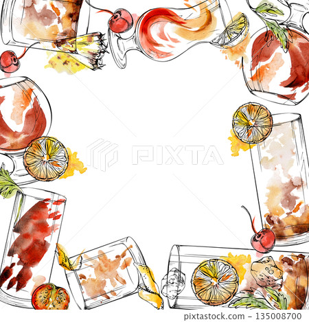 Vibrant red and orange frame of spritzes, bourbon glasses, iced tea cocktails and Bloody Mary with cherry and tomato hand drawn in watercolor and ink. Invitations, mixology posters, or digital decor. Vibrant red and orange frame of spritzes, bourbon glasses, iced tea cocktails and Bloody Mary with cherry and tomato hand drawn in watercolor and ink. Invitations, mixology posters, or digital decor. 135008700