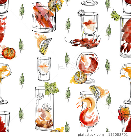 Seamless red and orange drink pattern, Flatliner shot, Long Island iced tea, Tequila Sunrise in watercolor and ink, hand drawn energetic surface for packaging, print design, cafe decor or stationery. 135008701