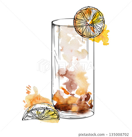 Amber Long Island, mai tai cocktail, ice tea or chocolate milkshake with watercolor gradient and crisp ink lines. Isolated drink illustration for pattern designs, restaurant menus, and party invites. 135008702