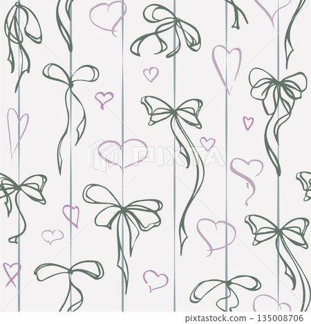 Hand-tied ribbons with long trailing ends on thin string stripes, doodle hearts. Seamless pattern isolated illustration hand drawn in ink. Ideal for festive wrapping, stationery, invitation design. Hand-tied ribbons with long trailing ends on thin string stripes, doodle hearts. Seamless pattern isolated illustration hand drawn in ink. Ideal for festive wrapping, stationery, invitation design. 135008706