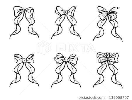 Vintage-style ribbon bows with ornate tails and curved multiple tied loops. Vector isolated illustration set hand drawn in ink. Retro labels, decorative packaging, and nostalgic stationery designs. 135008707