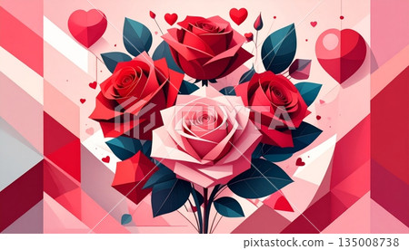 A beautiful bouquet of pink rose blossoms with delicate petals on a romantic red background makes a perfect floral gift for a Valentine's Day celebration or a wedding anniversary 135008738