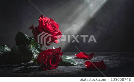A beautiful woman in a red dress holds a romantic bouquet of pink roses while standing by a window surrounded by floral petals A beautiful woman in a red dress holds a romantic bouquet of pink roses while standing by a window surrounded by floral petals 135008748