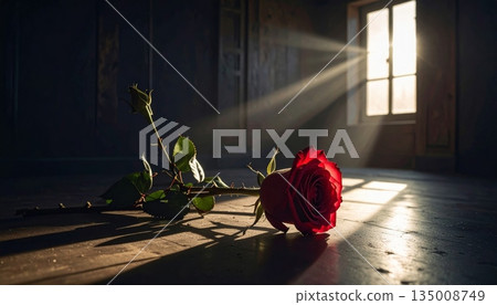 A beautiful woman in a red dress holds a romantic bouquet of pink roses while standing by a window surrounded by floral petals A beautiful woman in a red dress holds a romantic bouquet of pink roses while standing by a window surrounded by floral petals 135008749