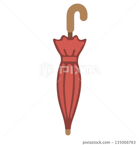 Closed Red Umbrella with Classic Wooden Curved Handle Closed Red Umbrella with Classic Wooden Curved Handle 135008763