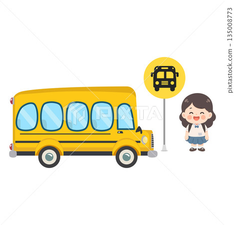 Cartoon Schoolgirl Waiting for Yellow Bus at Station 135008773