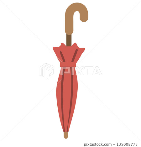 Closed Red Umbrella with Classic Curved Wooden Handle Closed Red Umbrella with Classic Curved Wooden Handle 135008775