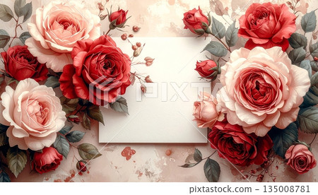 Vintage frame with red roses on a floral background for a Valentine Day greeting card or wedding invitation illustration featuring a pink heart and nature leaves 135008781