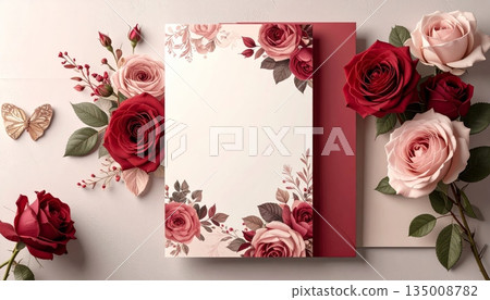 Vintage frame with red roses on a floral background for a Valentine Day greeting card or wedding invitation illustration featuring a pink heart and nature leaves 135008782