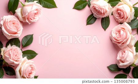 Vintage pink floral roses frame and heart bouquet border for a Valentine's Day wedding card or birthday gift illustration design 135008793