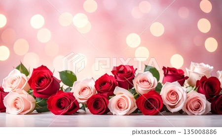 A beautiful bouquet of pink roses and glowing candles creates a romantic floral gift on a red background, celebrating love and beauty with every delicate petal and blossom 135008886