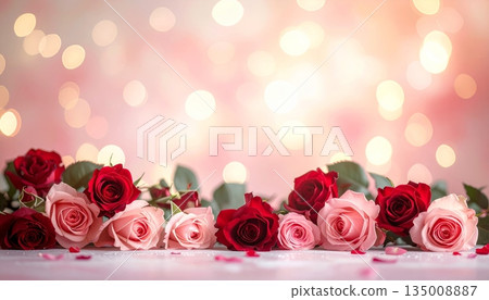 A beautiful bouquet of pink roses and glowing candles creates a romantic floral gift on a red background, celebrating love and beauty with every delicate petal and blossom A beautiful bouquet of pink roses and glowing candles creates a romantic floral gift on a red background, celebrating love and beauty with every delicate petal and blossom 135008887