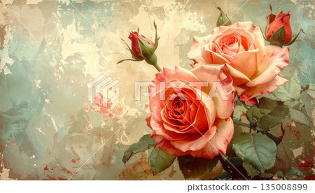 Vintage floral background featuring a beautiful bouquet of pink and red roses in bloom for a romantic wedding anniversary or Valentine gift Vintage floral background featuring a beautiful bouquet of pink and red roses in bloom for a romantic wedding anniversary or Valentine gift 135008899