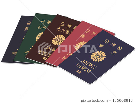 Illustration of five types of Japanese passports placed diagonally Illustration of five types of Japanese passports placed diagonally 135008913