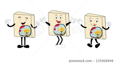 Cute cartoon book set character with different emotions and in action. Collection of cartoon,retro, groovy characters. Vector flat icons set isolated on white background. 135008949