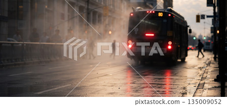 A city bus with glowing tail lights on a wet, foggy street at night. Moody urban transportation scene with steam and reflections on the pavement 135009052