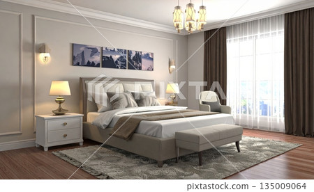 Modern luxury apartment featuring a contemporary living room and comfortable bedroom suite with elegant furniture design and warm interior lighting through large windows Modern luxury apartment featuring a contemporary living room and comfortable bedroom suite with elegant furniture design and warm interior lighting through large windows 135009064