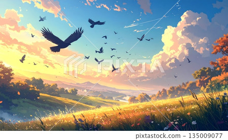 Black vector silhouette of a majestic eagle or hawk with spread wings flying through the sky as a nature wildlife illustration symbol Black vector silhouette of a majestic eagle or hawk with spread wings flying through the sky as a nature wildlife illustration symbol 135009077
