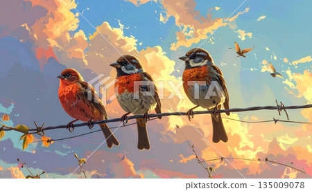 Two colorful tropical macaws with vibrant red and green feathers perch together on a wild tree branch in nature Two colorful tropical macaws with vibrant red and green feathers perch together on a wild tree branch in nature 135009078