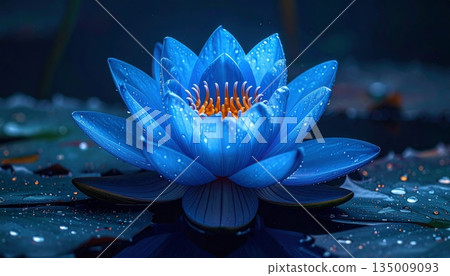 A vibrant pink and purple water lily bloom with yellow petals floating gracefully on a green leaf in a tropical garden pond during summer A vibrant pink and purple water lily bloom with yellow petals floating gracefully on a green leaf in a tropical garden pond during summer 135009093