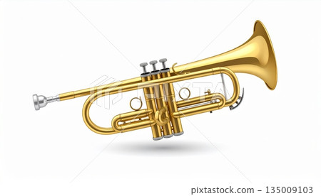 Shiny golden brass trumpet musical instrument with mouthpiece and valves isolated on white background for jazz band or orchestra Shiny golden brass trumpet musical instrument with mouthpiece and valves isolated on white background for jazz band or orchestra 135009103
