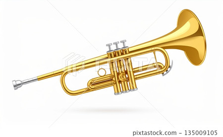 Shiny golden brass trumpet musical instrument with mouthpiece and valves isolated on white background for jazz band or orchestra Shiny golden brass trumpet musical instrument with mouthpiece and valves isolated on white background for jazz band or orchestra 135009105