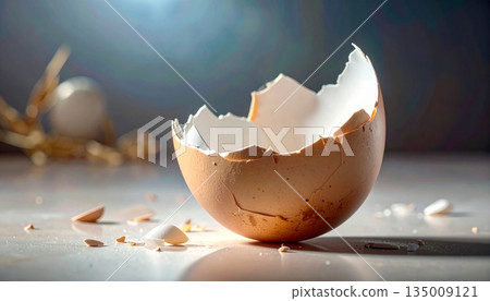 A fragile brown chicken eggshell is cracked and broken open on an isolated white background as a concept of new life or a healthy breakfast ingredient A fragile brown chicken eggshell is cracked and broken open on an isolated white background as a concept of new life or a healthy breakfast ingredient 135009121