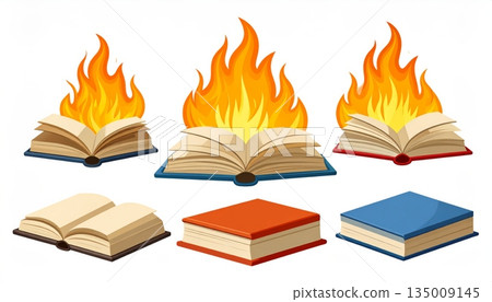 An isolated old open book with burning fire flames and white paper pages represents the powerful knowledge and literature found in a library textbook An isolated old open book with burning fire flames and white paper pages represents the powerful knowledge and literature found in a library textbook 135009145