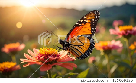 A beautiful orange butterfly with colorful wings rests on a yellow flower in a summer garden during a macro nature wildlife moment A beautiful orange butterfly with colorful wings rests on a yellow flower in a summer garden during a macro nature wildlife moment 135009150