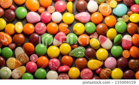 A vibrant group of colorful chocolate candies and jelly beans creates a bright confectionery texture of sweet round snacks including green and orange sugar dragee A vibrant group of colorful chocolate candies and jelly beans creates a bright confectionery texture of sweet round snacks including green and orange sugar dragee 135009159
