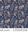 Hand-drawn seamless pattern with champagne, glasses, hearts and cherries in pink on dark navy. Romantic celebration vibe for Valentine, Galentine and bachelorette party designs 135009198