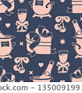 Seamless retro romance pattern with heart gift boxes and drinks. Muted vintage palette for fabric, wrapping paper, packaging and modern nostalgic surface design. 135009199