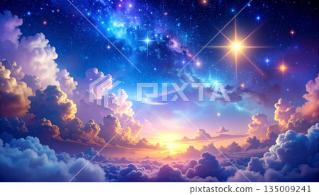 Beautiful sunlight breaks through white clouds in a bright blue summer sky creating a high atmosphere cloudscape filled with natural light and heavenly weather 135009241